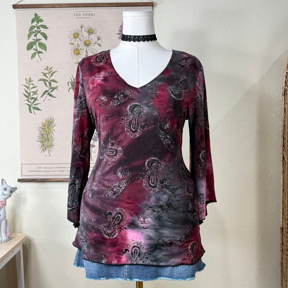 90s Y2k Paisley Glitter Flare Sleeve Top Dark Fairy Whimsigoth Witchy Vampire XL - Picture 2 of 9